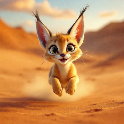 The primary subject of the image is a cartoon cat with big ears, flying through the air. The cat is the main focus of the image, and it appears to be in motion, possibly jumping or flying. The setting is a desert-like environment, with sand and a cloudy sky visible in the background. The visual style of the image is a digital art or illustration, with the cat being depicted in a cartoonish manner. The colors and mood of the image are vibrant and energetic, with